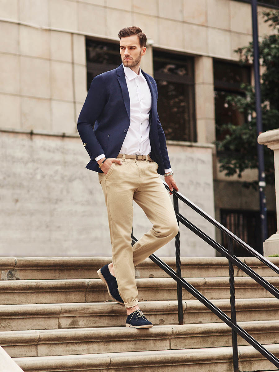 Blue suit store jacket with chinos